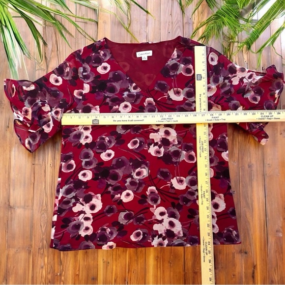 CALVIN KLEIN Red Blouse w/ Purple & White Floral Pattern - Medium - Picture 8 of 9